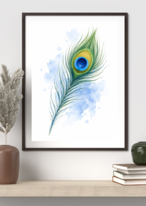 Watercolor painting of a peacock feather with a vivid blue and gold eye, on a soft blue splattered background