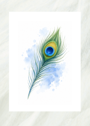 Watercolor painting of a peacock feather with a vivid blue and gold eye, unframed print