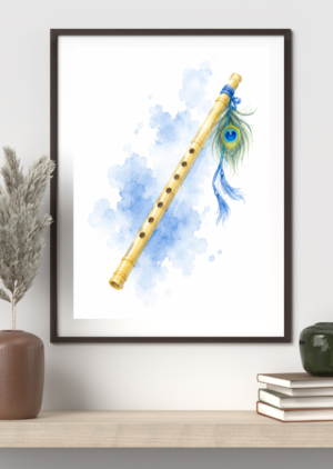 Watercolor illustration of a wooden bamboo flute adorned with a peacock feather and blue tassels, on a blue watercolor splash background