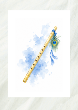 Watercolor illustration of a bamboo flute adorned with a peacock feather, unframed print