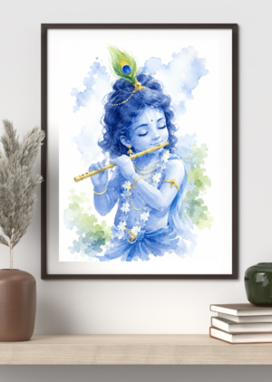 Watercolor artwork of Krishna as a child, blue-skinned with curly hair, playing a flute, wearing a peacock feather crown and floral garland, on a soft blue and green background