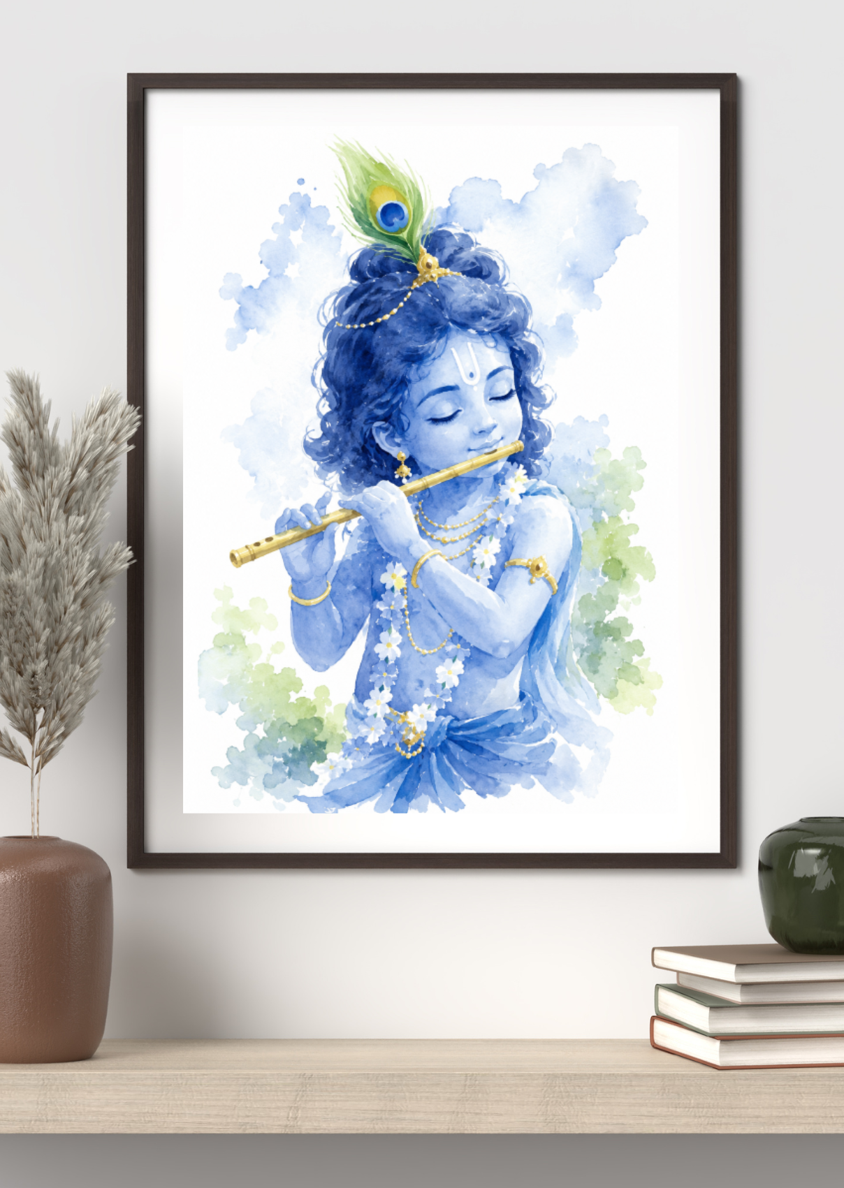 Watercolor artwork of Krishna as a child, blue-skinned with curly hair, playing a flute, wearing a peacock feather crown and floral garland, on a soft blue and green background