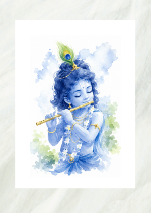 Watercolor painting of baby Krishna playing a flute, wearing a peacock feather crown, unframed print