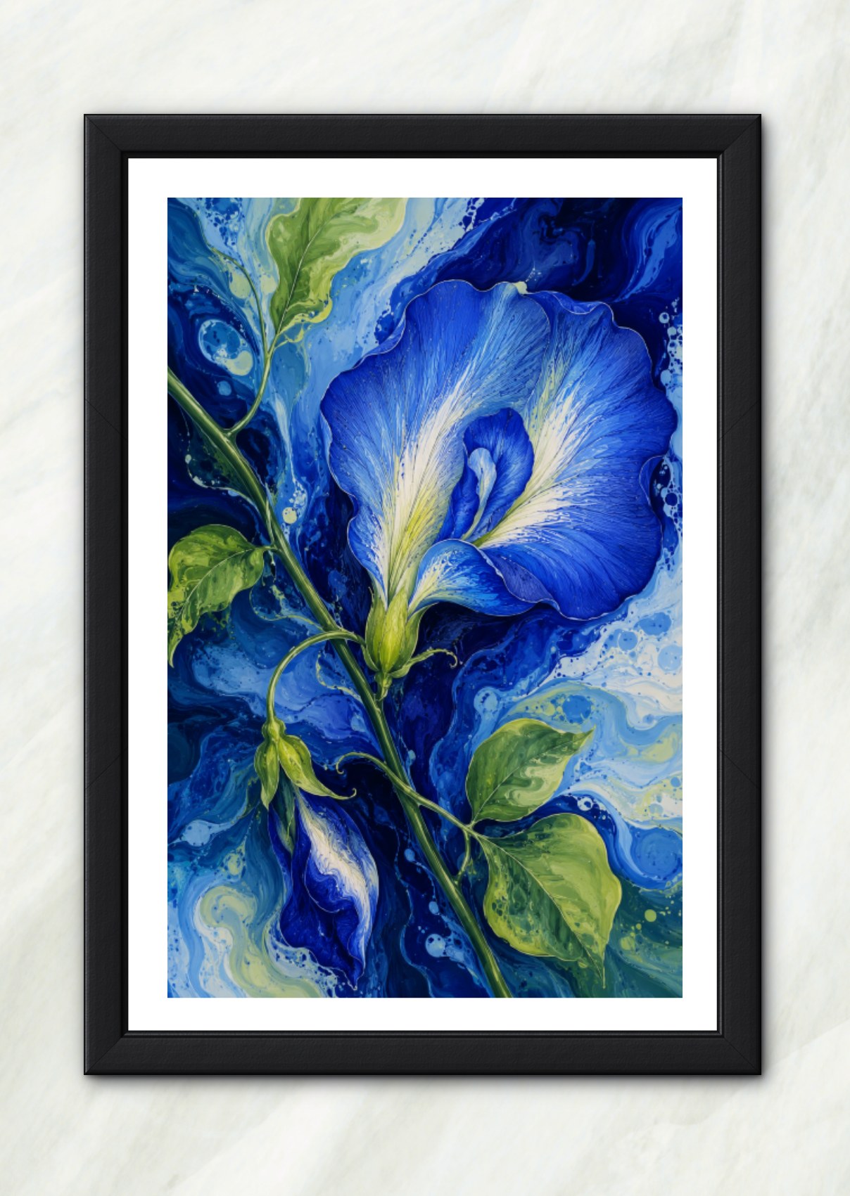 Blue butterfly pea flower fluid art print in a black frame, abstract floral wall art