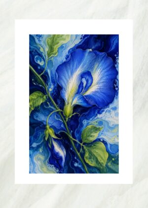 Fluid art painting of a deep blue butterfly pea flower with swirling marbled background, unframed print