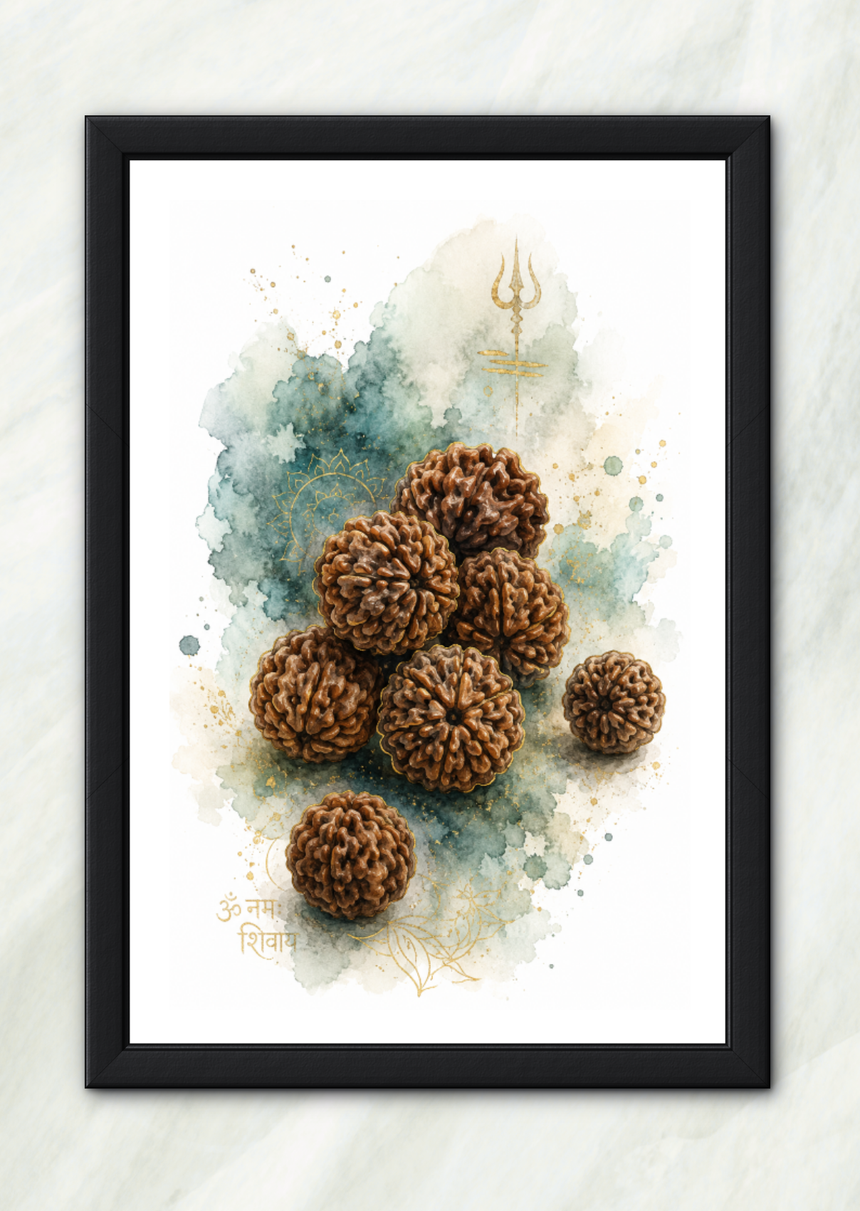 Rudraksha beads watercolor print in a black frame, Shiva wall art