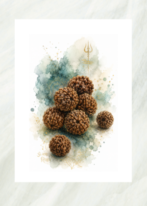 Watercolor painting of rudraksha beads with a golden trishul, unframed print