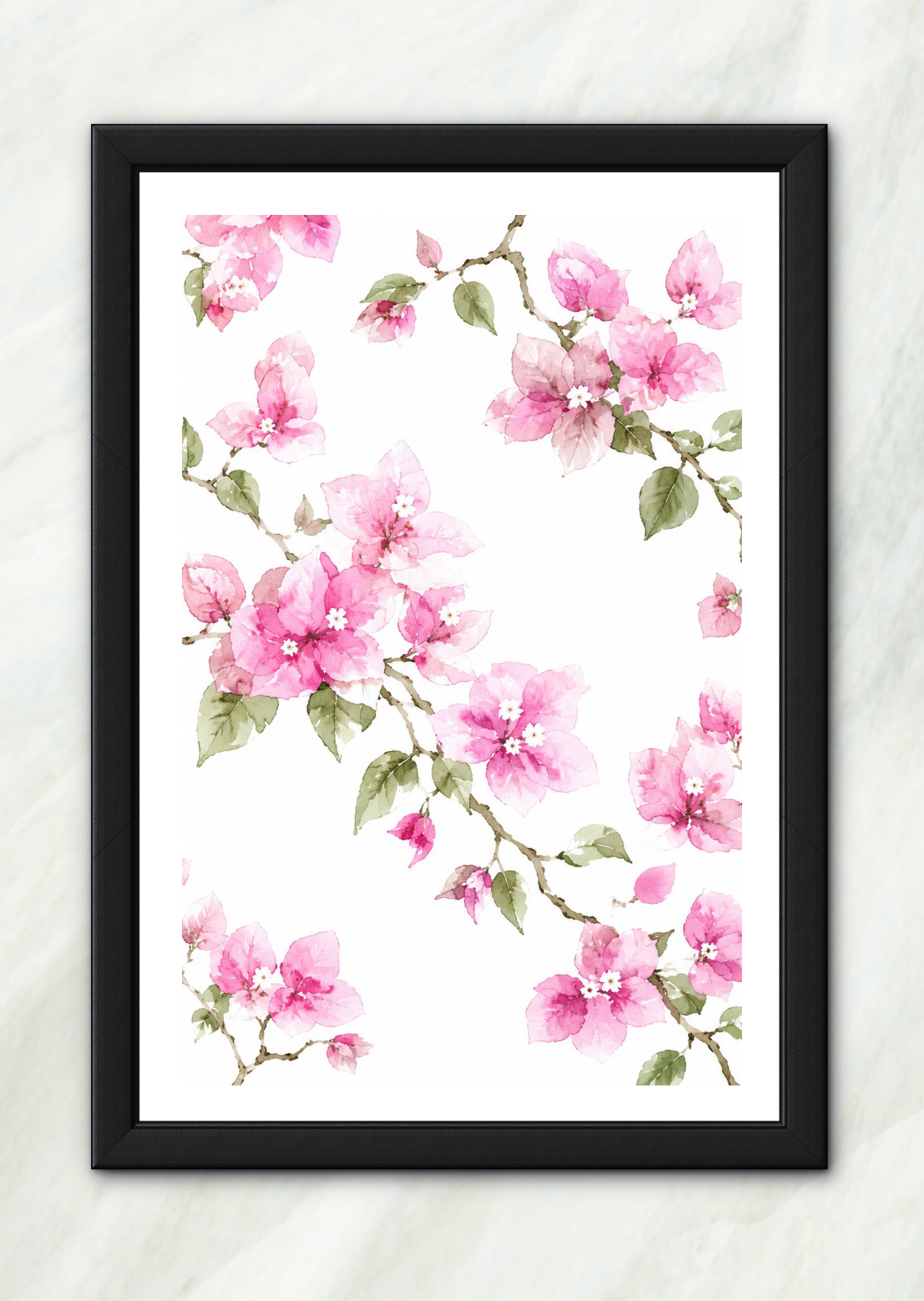 Pink bougainvillea watercolor print in a black frame, floral wall art