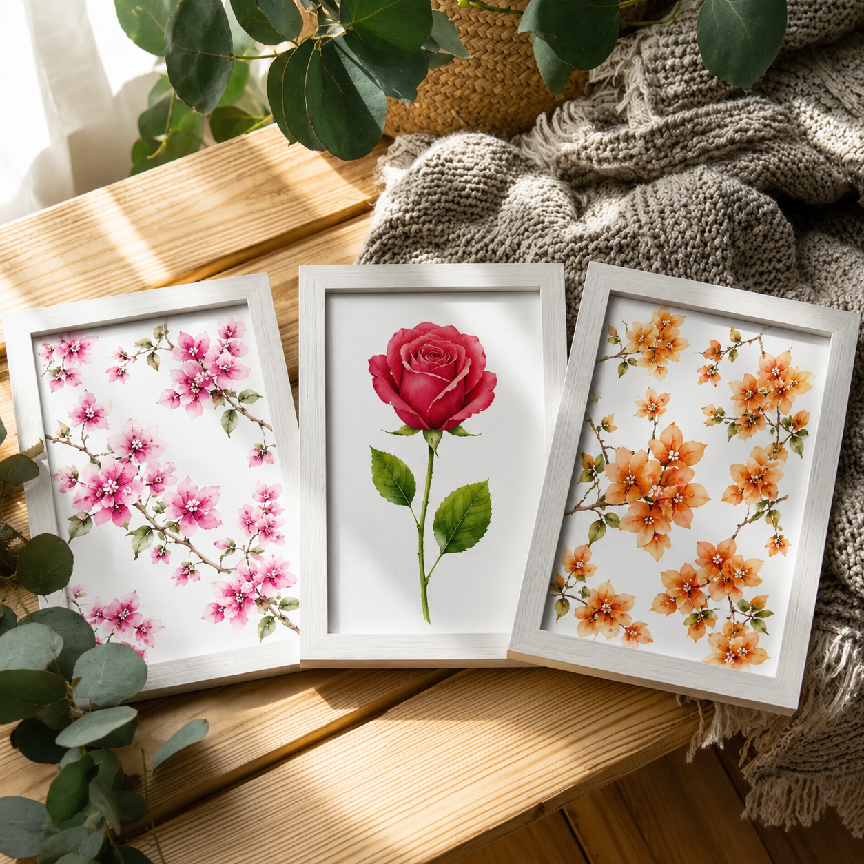 Set of three black frames watercolor floral prints — pink bougainvillea, red rose and orange bougainvillea