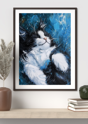 Expressive oil painting of a black and white tuxedo cat curled up sleeping, on a textured blue background
