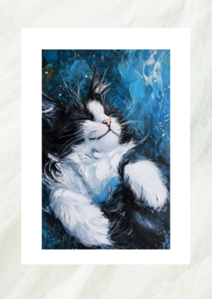 Expressive oil painting of a black and white tuxedo cat curled up sleeping, unframed print
