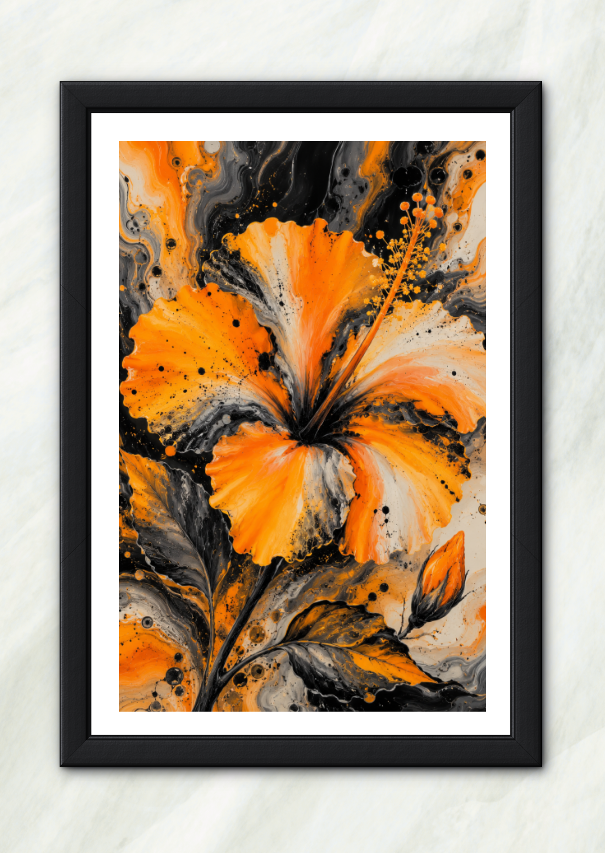 Orange hibiscus fluid art print in a black frame, abstract floral wall art