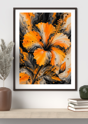Fluid art painting of an orange hibiscus flower with swirling marbled black and orange background