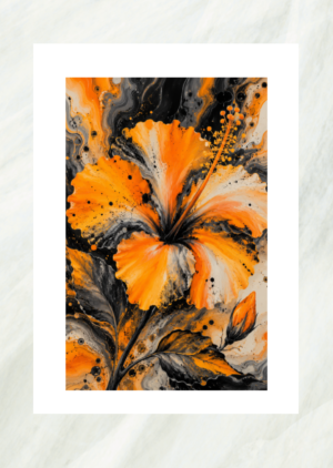 Fluid art painting of an orange hibiscus flower with swirling marbled black background, unframed print