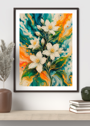Fluid art painting of white jasmine flowers with swirling marbled teal and orange background