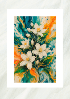Fluid art painting of white jasmine flowers with swirling marbled teal and orange background, unframed print