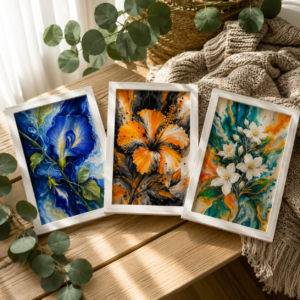 Set of three fluid art floral prints in black frames — blue butterfly pea, orange hibiscus, and white jasmine