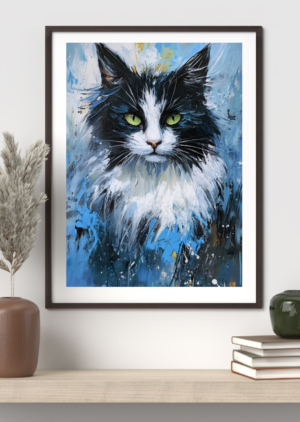Expressive oil painting portrait of a black and white tuxedo cat with green eyes, on a textured blue background