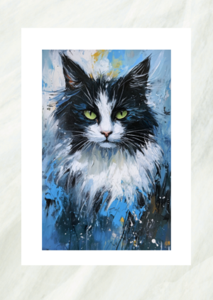 Expressive oil painting portrait of a black and white tuxedo cat with green eyes, unframed print