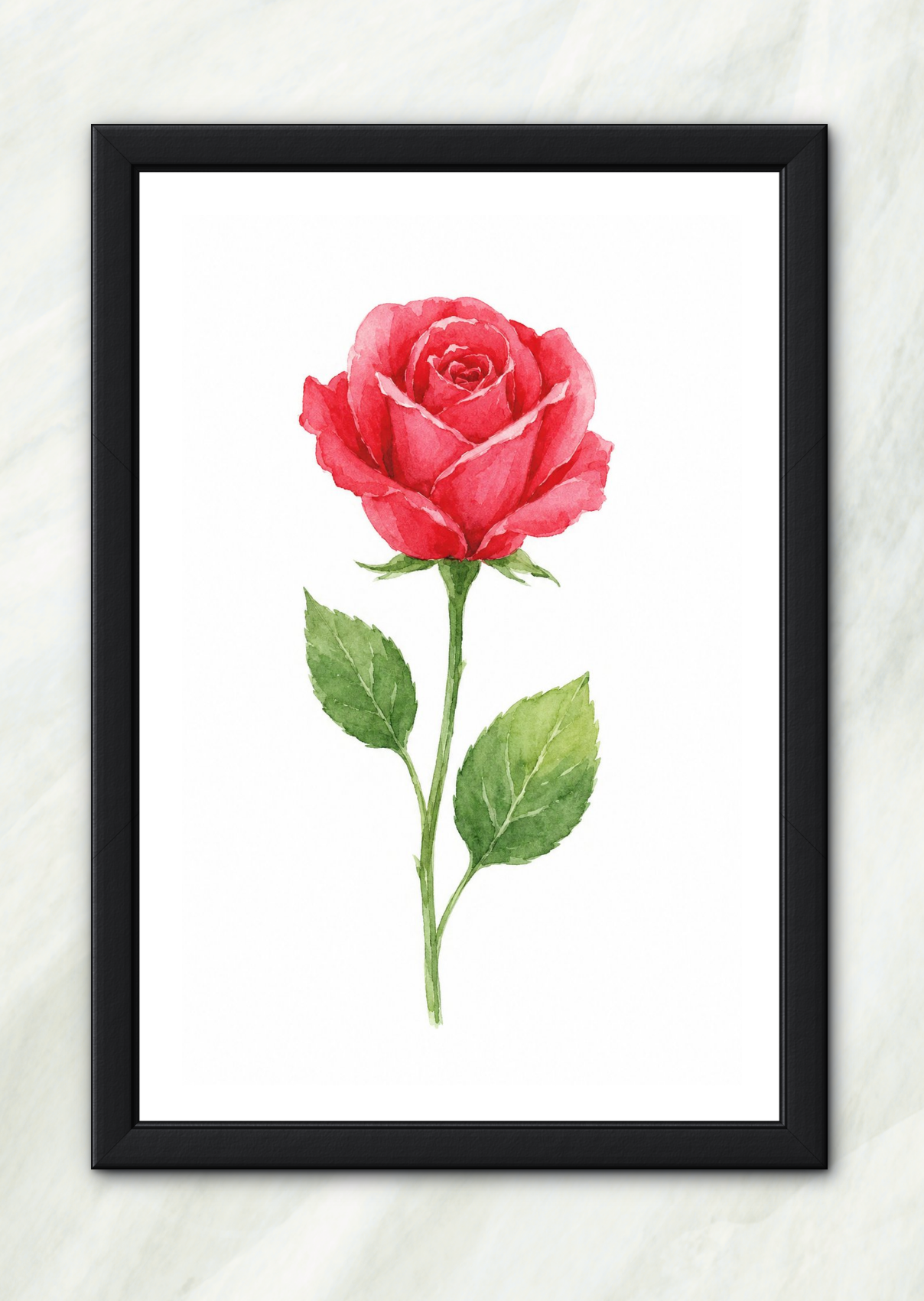 Red rose watercolor print in a black frame, botanical wall art