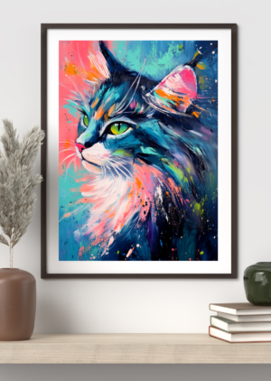 Expressive oil painting portrait of a cat in vivid multicolor brushstrokes with green eyes, on a pink and teal background
