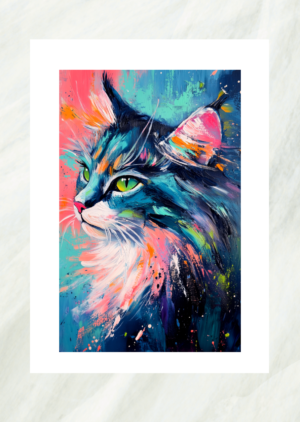 Expressive oil painting portrait of a cat in vivid multicolor brushstrokes, unframed print