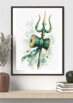 Watercolor illustration of a golden trishul (trident) and damaru drum wrapped in teal cloth, on a soft green watercolor splash background