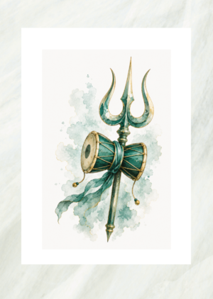 Watercolor illustration of a golden trishul and damaru drum, unframed print