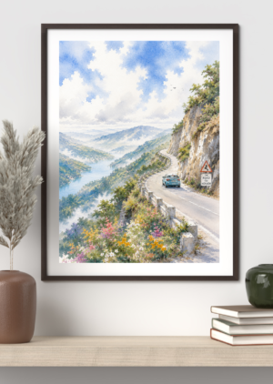 Watercolor landscape painting of a winding mountain road above a river valley, with a car, "Road to Heaven" sign, and wildflowers