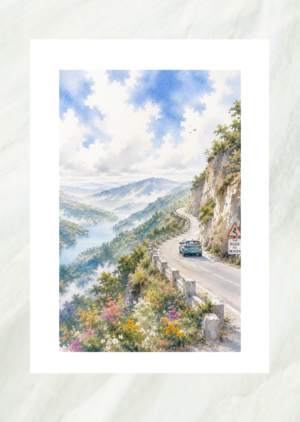 Watercolor landscape painting of a winding mountain road above a river valley, unframed print
