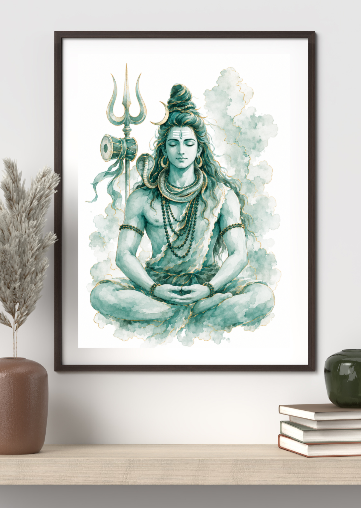 Watercolor artwork of Lord Shiva meditating in lotus position, with matted hair, crescent moon, serpent, rudraksha beads, and trishul beside him, on a green watercolor background
