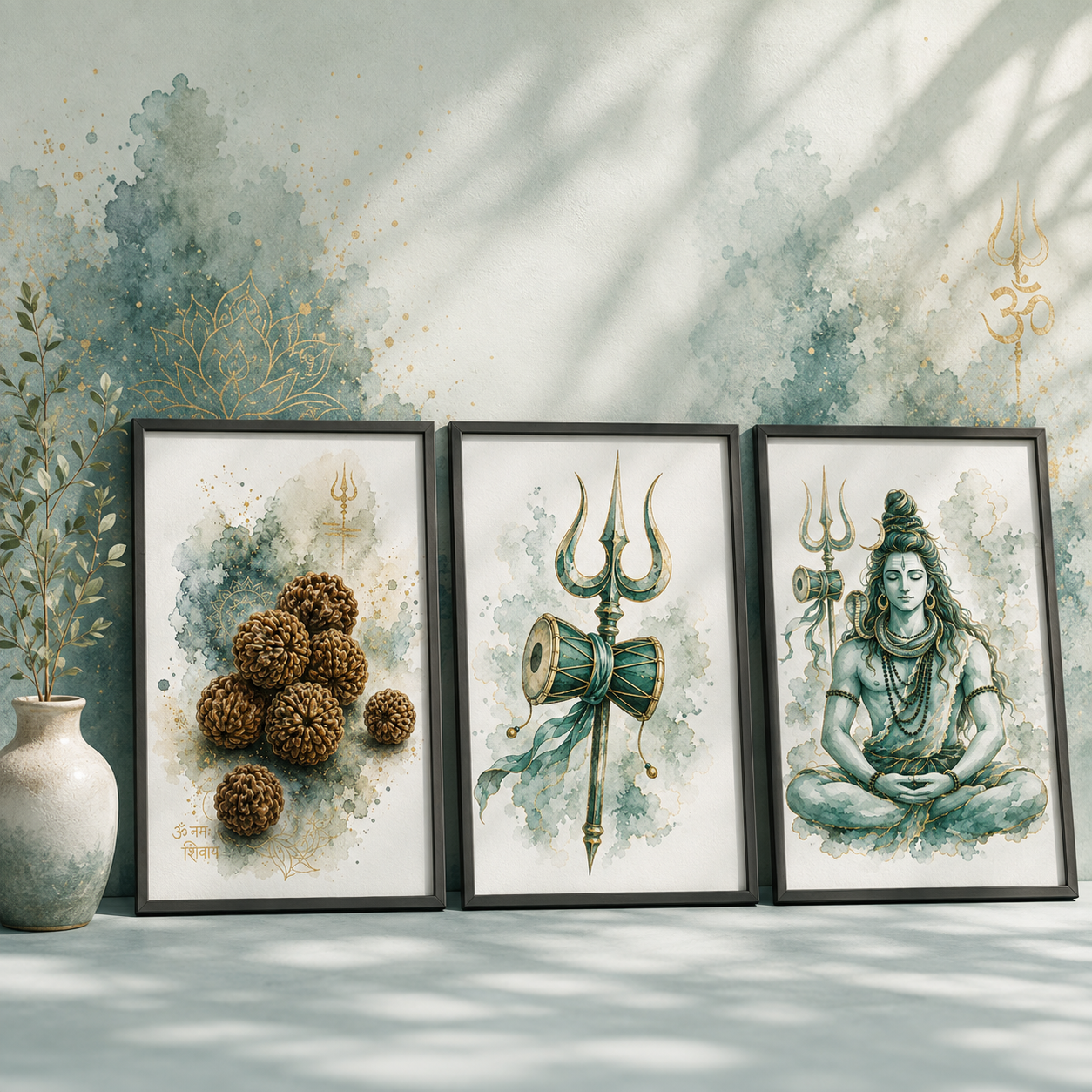 Set of three unframed watercolor prints — rudraksha beads, trishul with damaru, and meditating Shiva