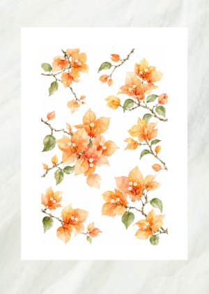 Watercolor pattern of orange bougainvillea flowers on trailing branches, unframed print