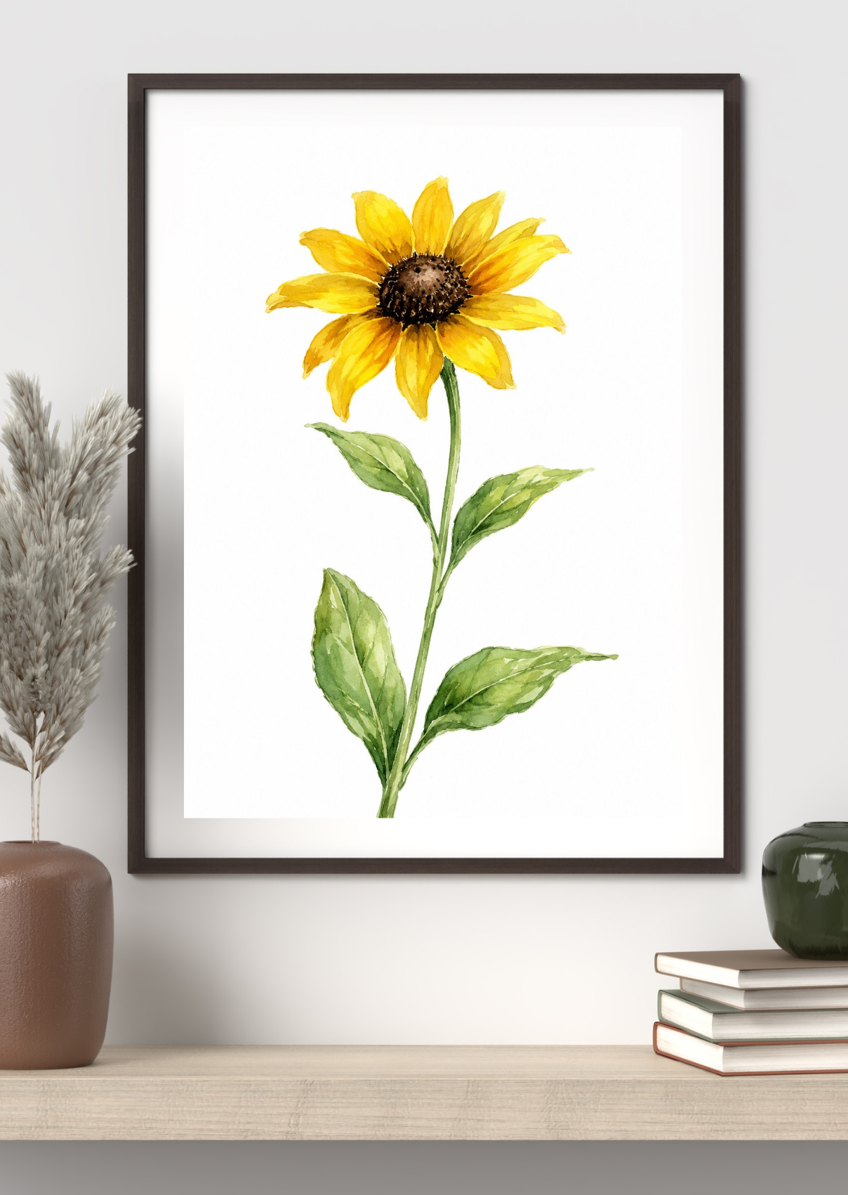 Watercolor painting of a single yellow sunflower with a dark brown center, green stem and leaves, on a white background