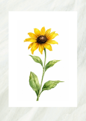 Watercolor painting of a single yellow sunflower, unframed print