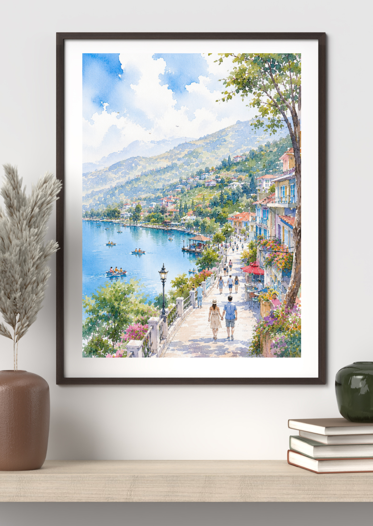 Watercolor painting of a couple walking along a lakeside promenade in a Mediterranean town, with colorful buildings, boats, and mountains