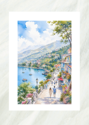 Watercolor painting of a couple walking along a Mediterranean lakeside promenade, unframed print