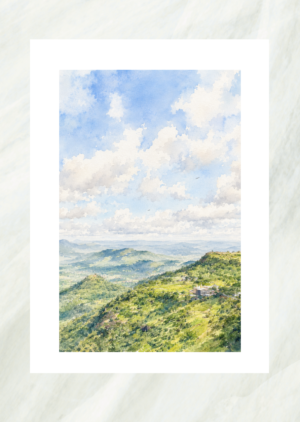 Watercolor landscape painting of rolling green hills and misty mountains, unframed print