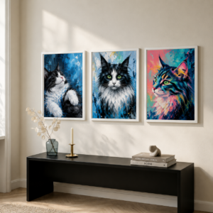 Set of three cat oil painting prints in white frames — sleeping tuxedo cat, tuxedo cat portrait, and colorful cat portrait